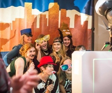 Photo booth with Denver skyline backdrop