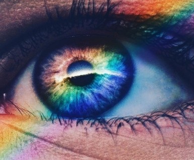 Eye reflecting a rainbow of light